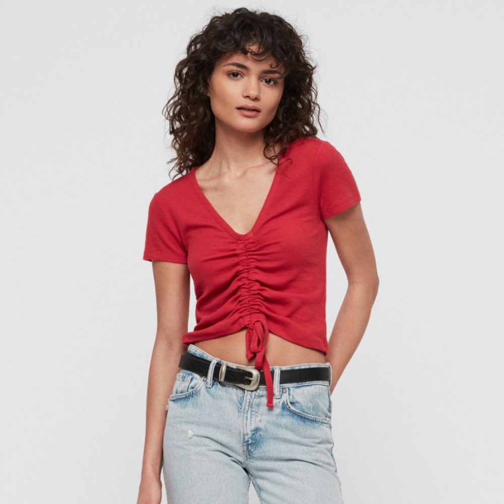 NWT $58 All Saints Rina Drawcord T-Shirt in Red - size XS!